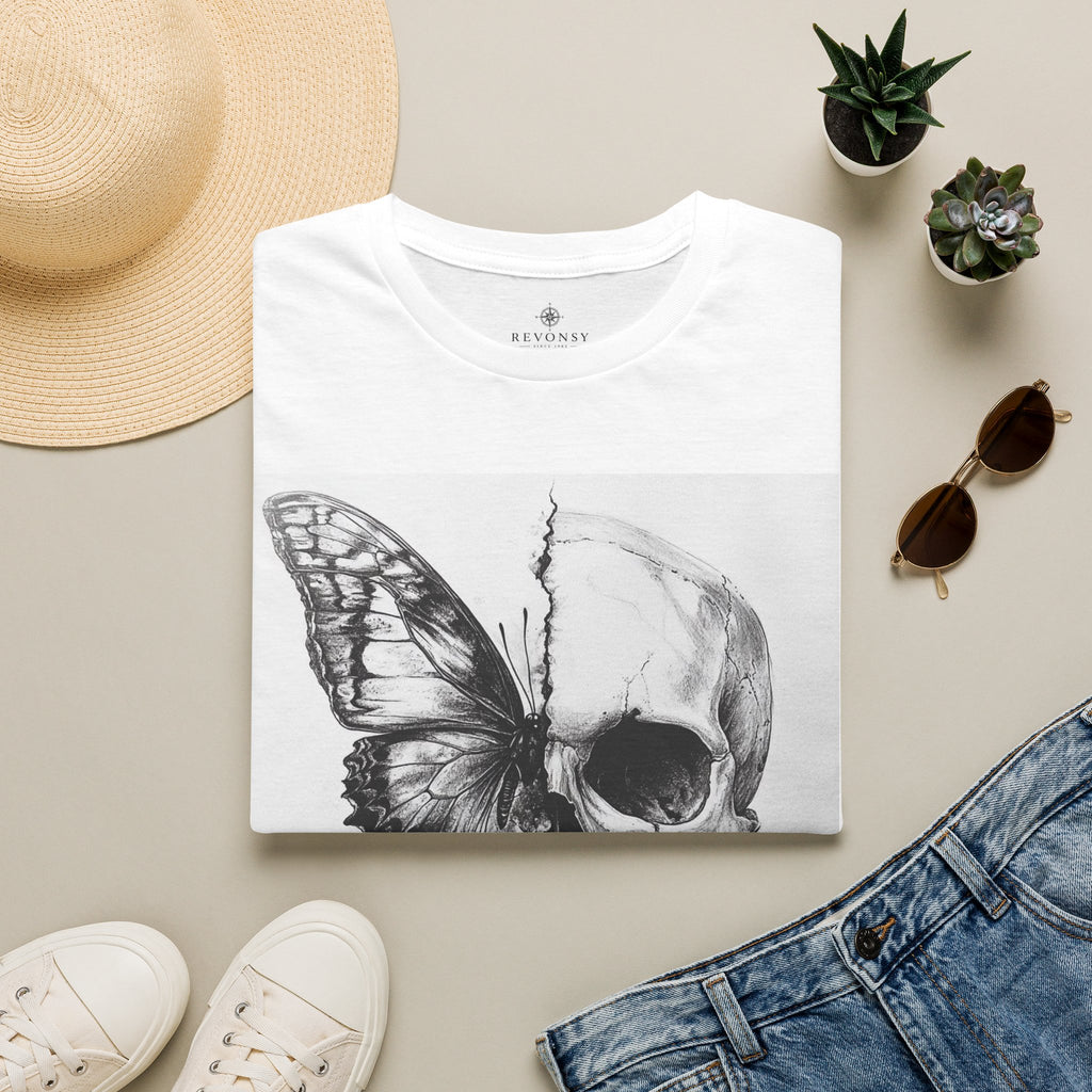 Skull & Butterfly T-Shirt — Gothic Floral Half-Skull Graphic Tee