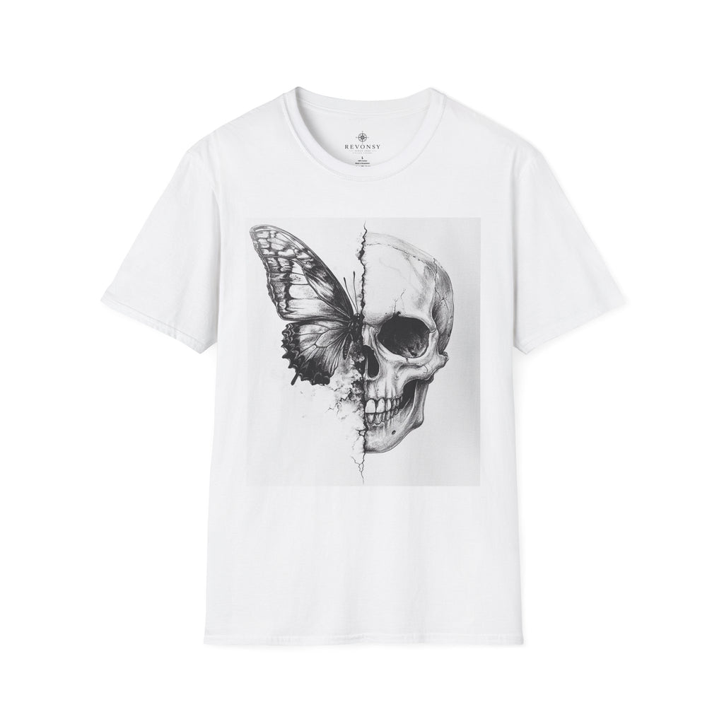 Skull & Butterfly T-Shirt — Gothic Floral Half-Skull Graphic Tee