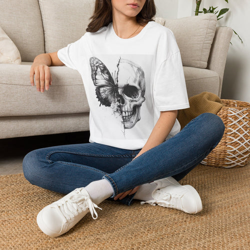 Skull & Butterfly T-Shirt — Gothic Floral Half-Skull Graphic Tee